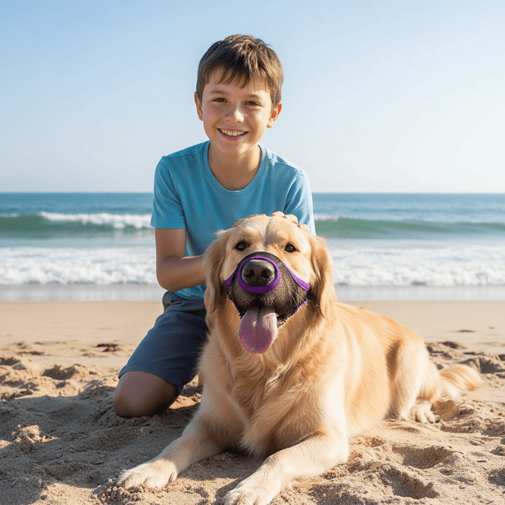 chien-garcon-mer-avec-muselière-pour-chien
