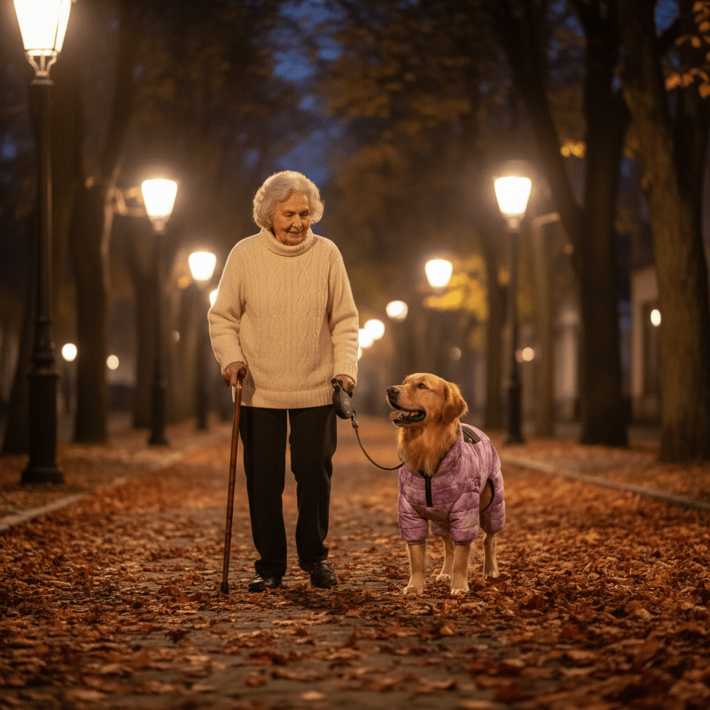 Chien grand-mère sortie nocturne portant manteau chien