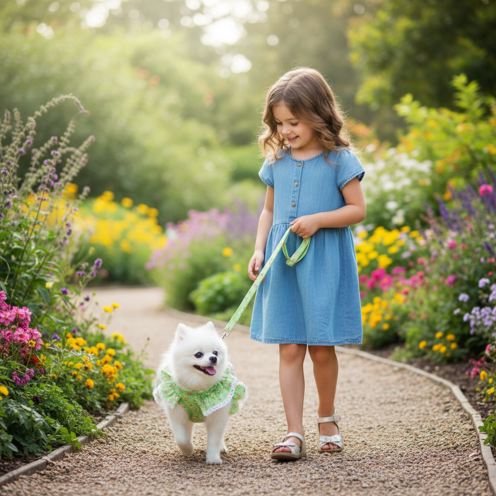 chien avec harnais petit chien  vert floral balade 