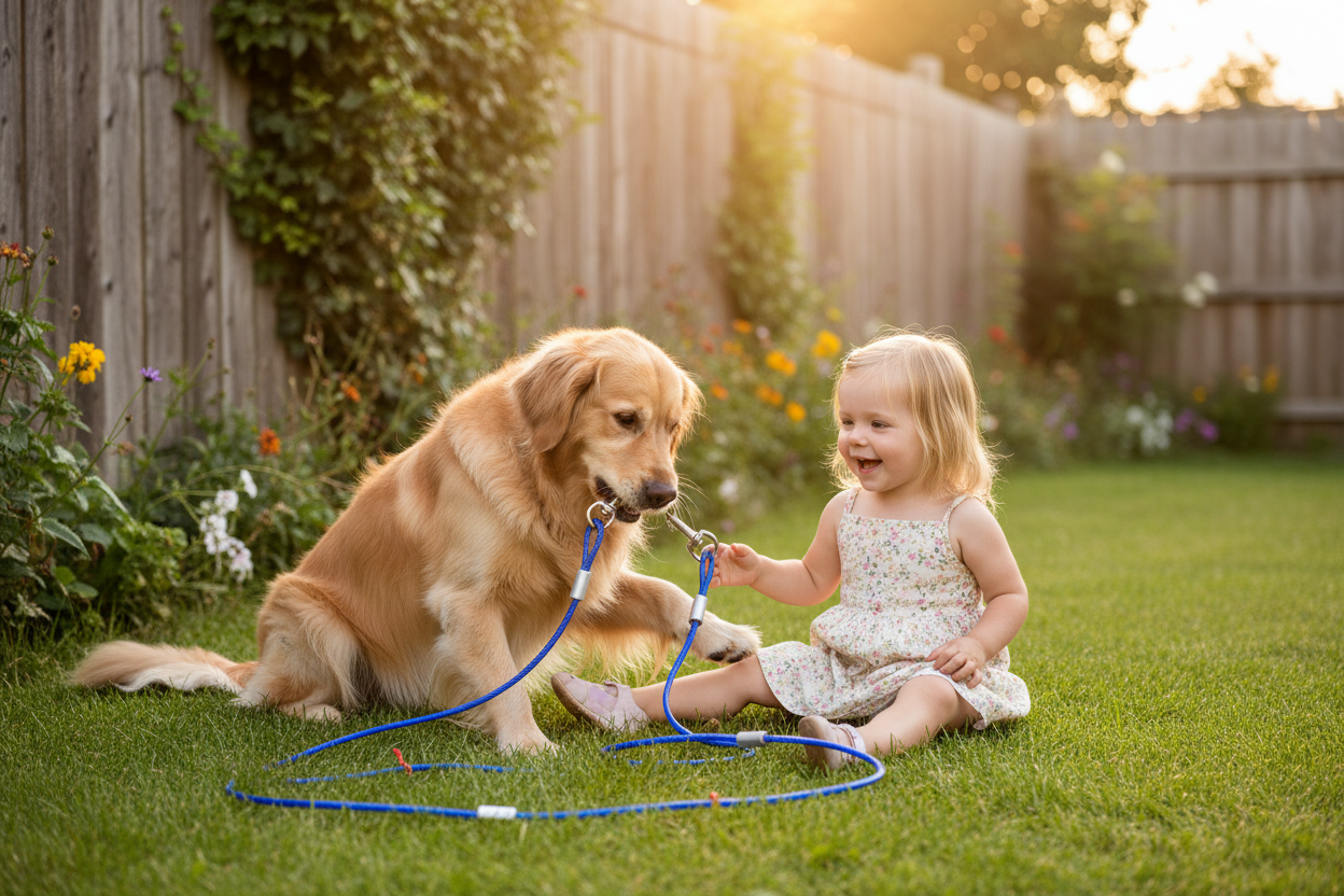 Chien jouant avec longe devant barrière