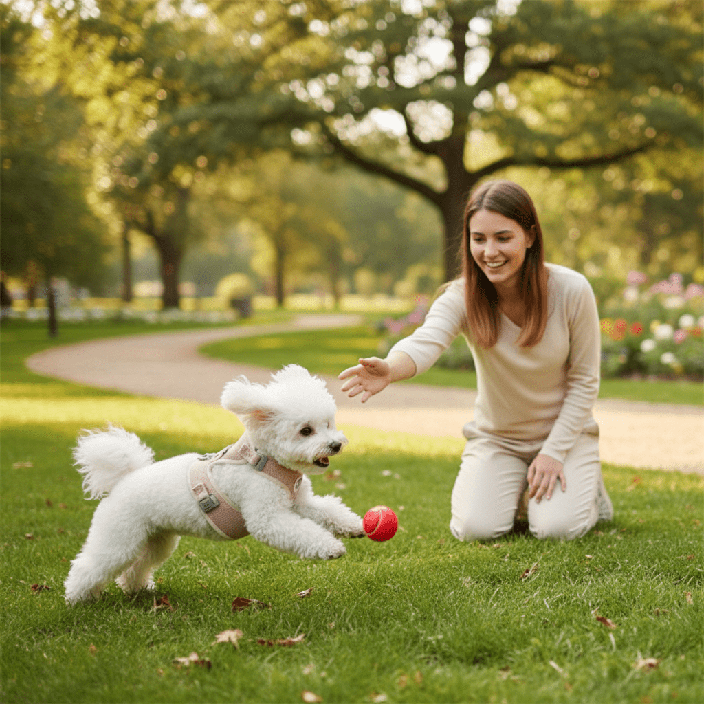 Chien jouant dehors avec son maître avec harnais chien