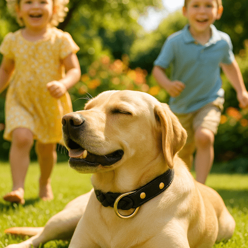 chien jouant jardin enfant avec son collier