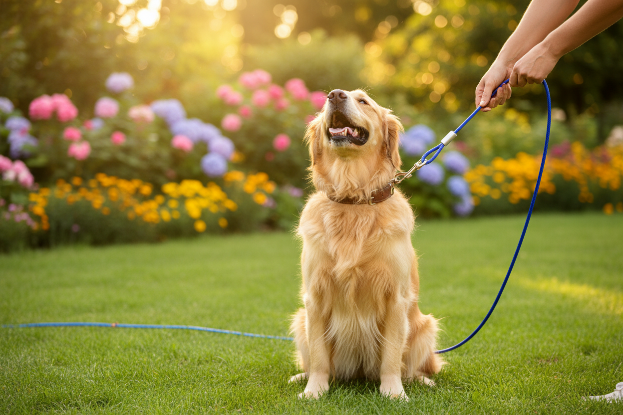 Chien joyeux avec longe chien complète jardin
