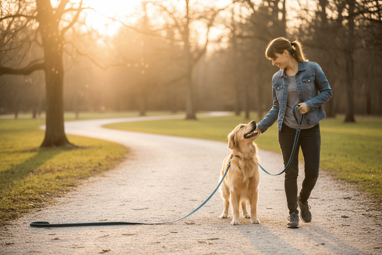 Chien maître - moment complicité avec longe chien
