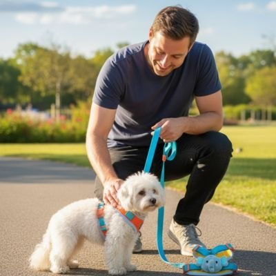 chien maitre jouant avec son harnais chien anti traction