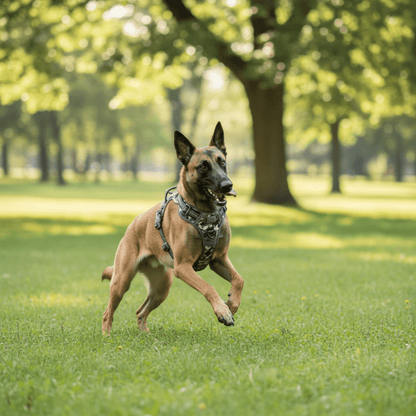 Chien malinois avec harnais chien anti-traction camouflage jouant