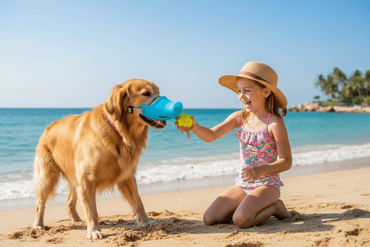 chien-mangeant-muselière-pour-chien-bleue-plage