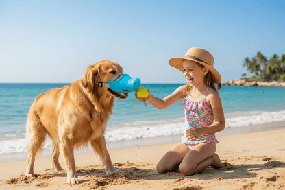 chien-mangeant-muselière-pour-chien-bleue-plage