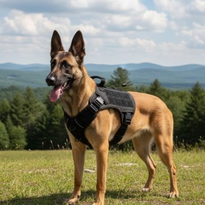  chien marchand foret avec son harnais