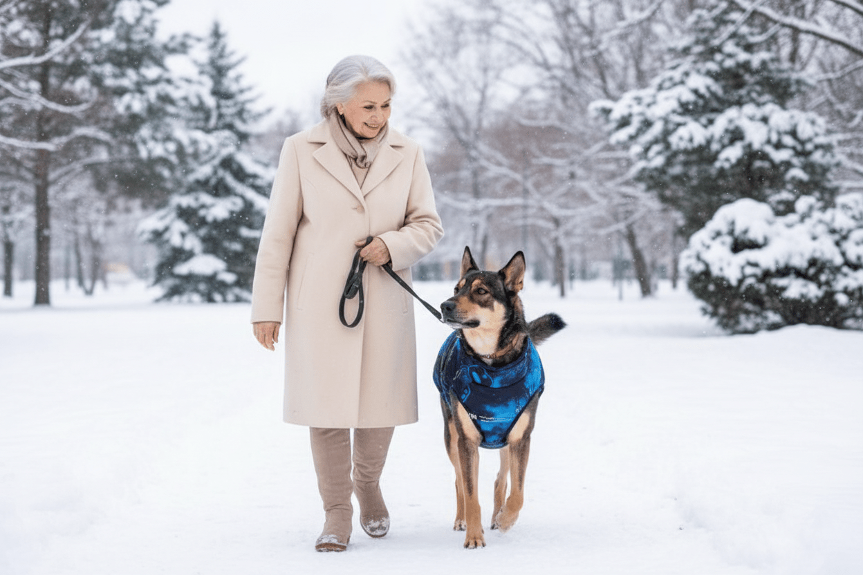 chien-marchant-avec-grand-m-re-portant-manteau-chien