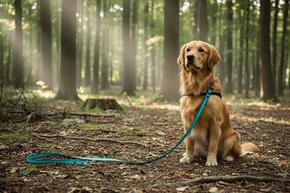 Chien obéissant en forêt avec longe chien