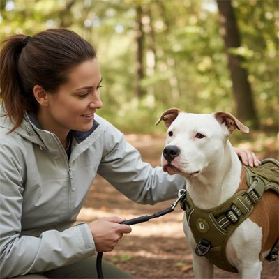 chien observant maitresse avec son harnais chien anti traction