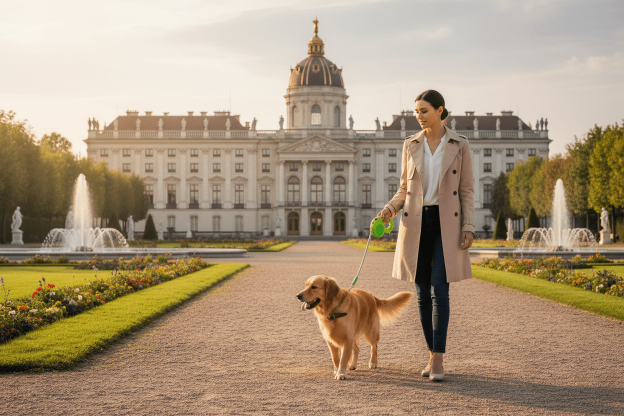 chien-palais-royal-avec-laisse-tractable-verte