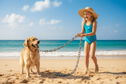  chien plage avec chien  laisse chien chaîne jouant