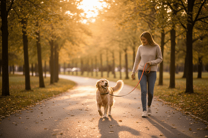 Chien promenade chaleureuse avec longe chien