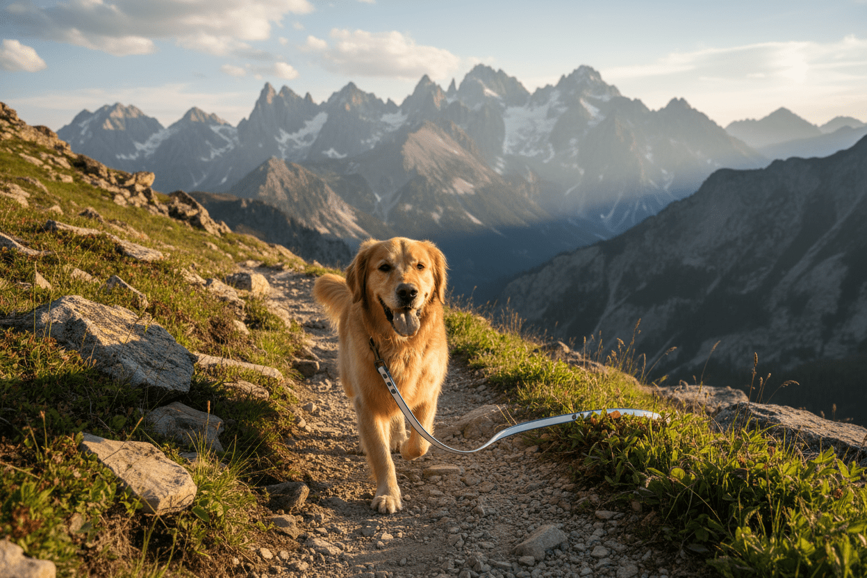 Chien randonnée montagne avec longe chien