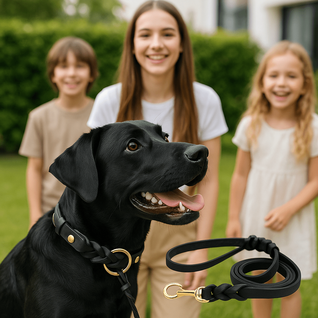 chien riant dans collier tresse