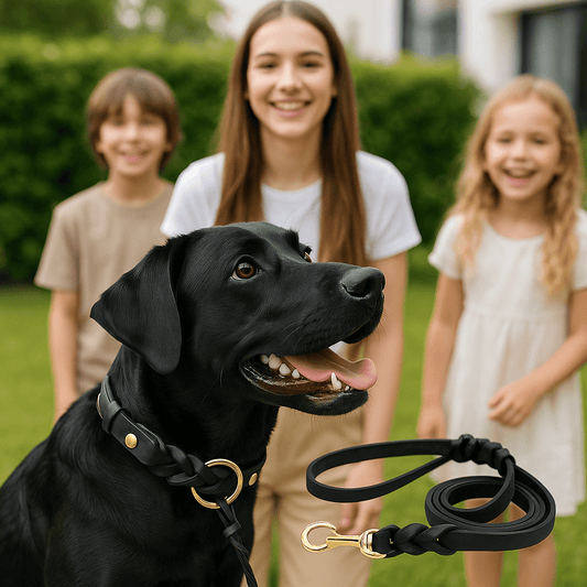 chien riant dans collier tresse