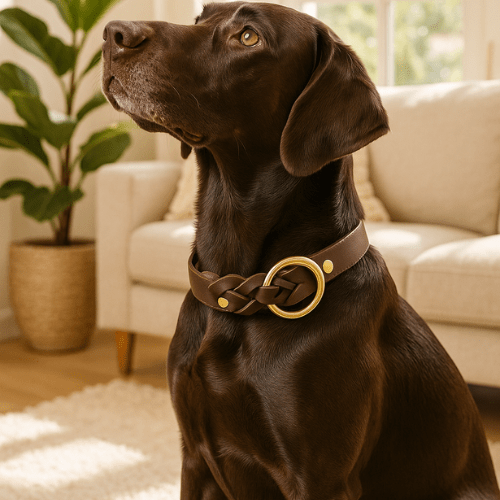 chien salon assis avec son collier tresse