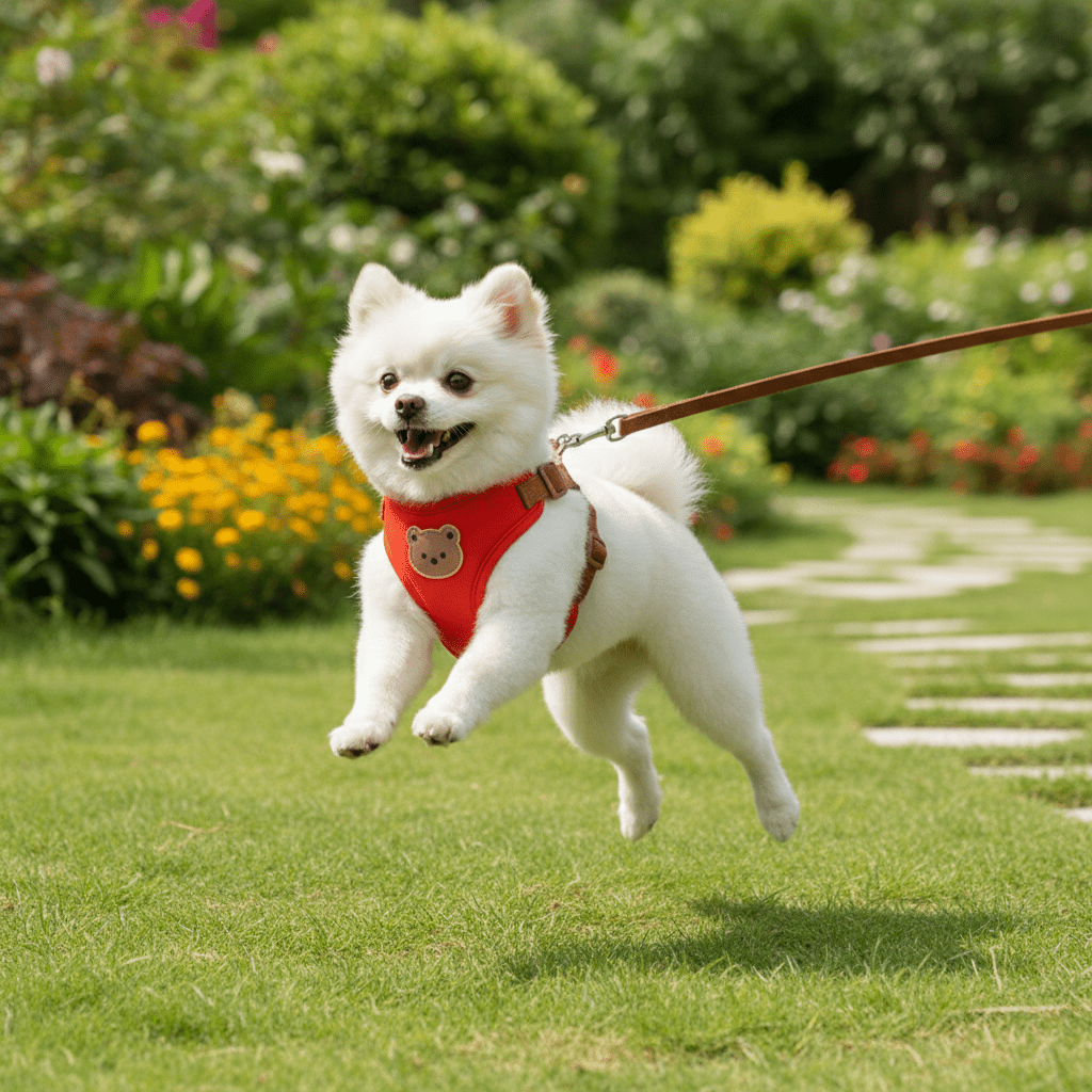 Chien Spitz avec harnais pour chien sautant jardin