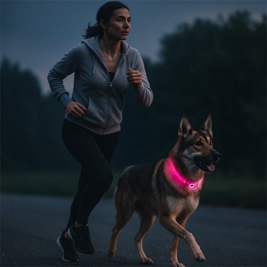 chien sport avec son collier lumineux chien rose