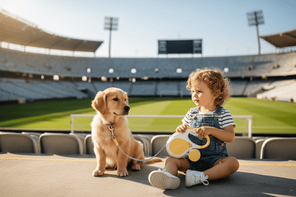 chien stade portant laisse chien enrouleur jaune