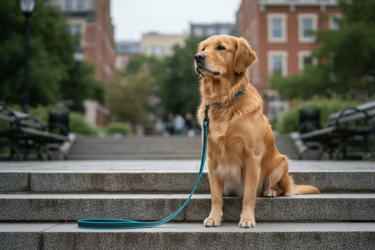 Chien sur escalier avec longe chien bleu