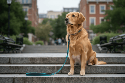Chien sur escalier avec longe chien bleu