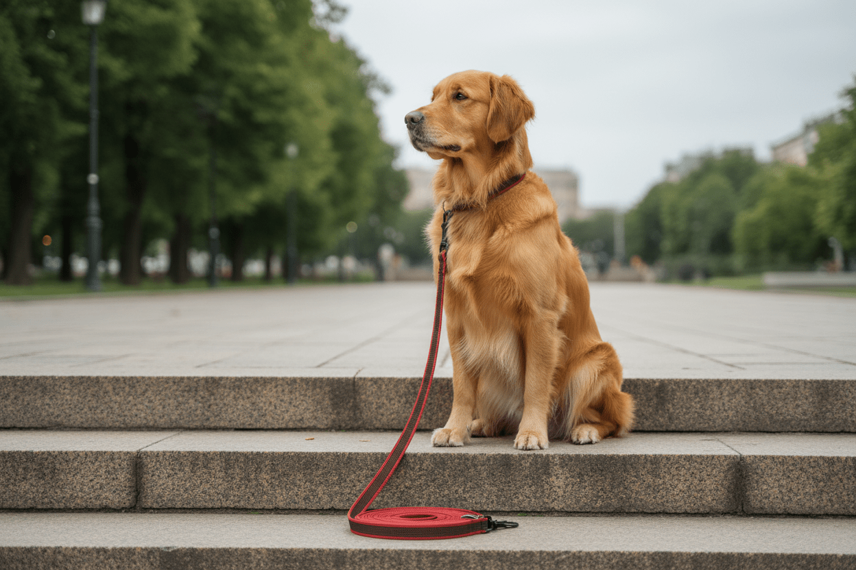 Chien sur escalier avec longe chien rouge