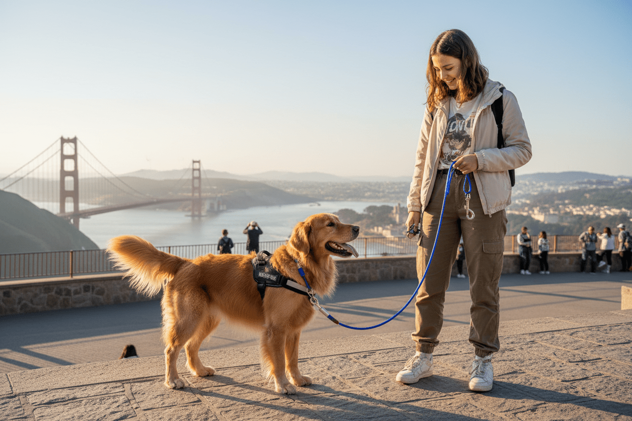 Chien sur site touristique avec longe chien