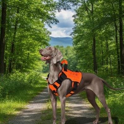  chien visitant foret avec son harnais