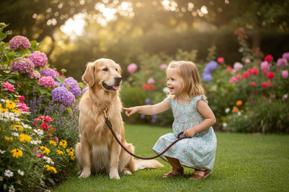Chienne assis jardin visitant avec longe pour chien
