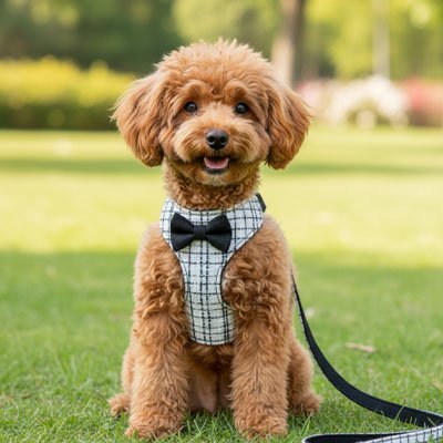 chienne assis parc avec harnais pour petit chien