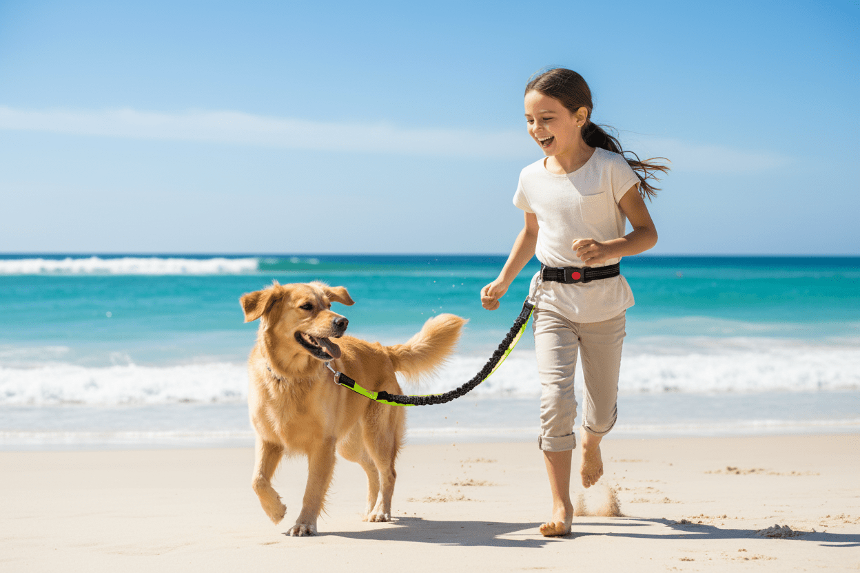 chienne-avec-fillette-jouant-plage-avec-laisse-chien