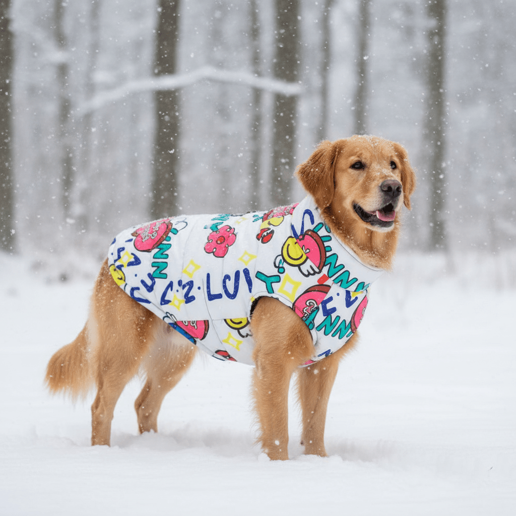 Chienne avec manteau imperméable dans la neige