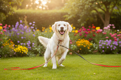 Chienne blanche jouant jardin avec longe chien