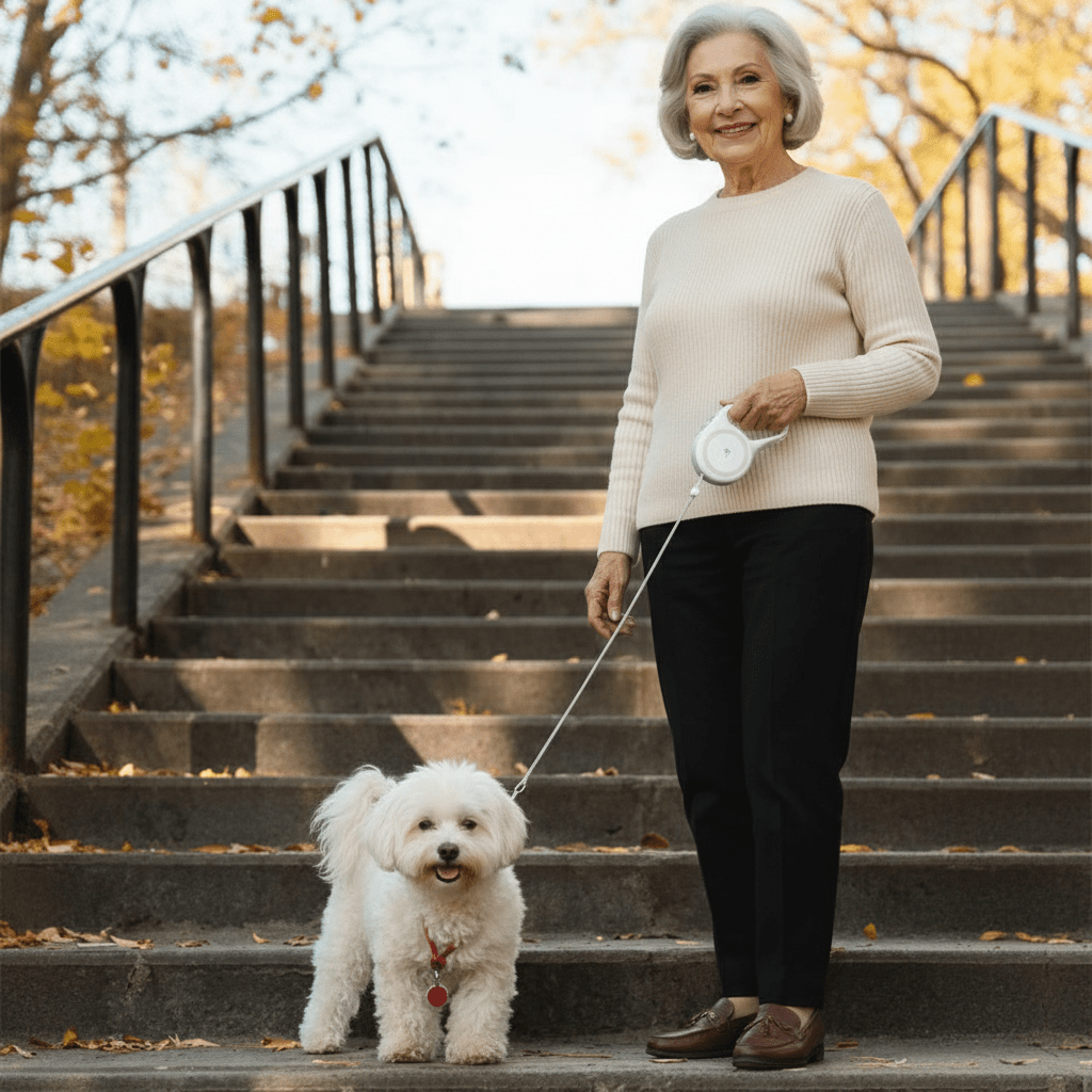 chienne elegante sur escalier avec laisse chien enrouleur