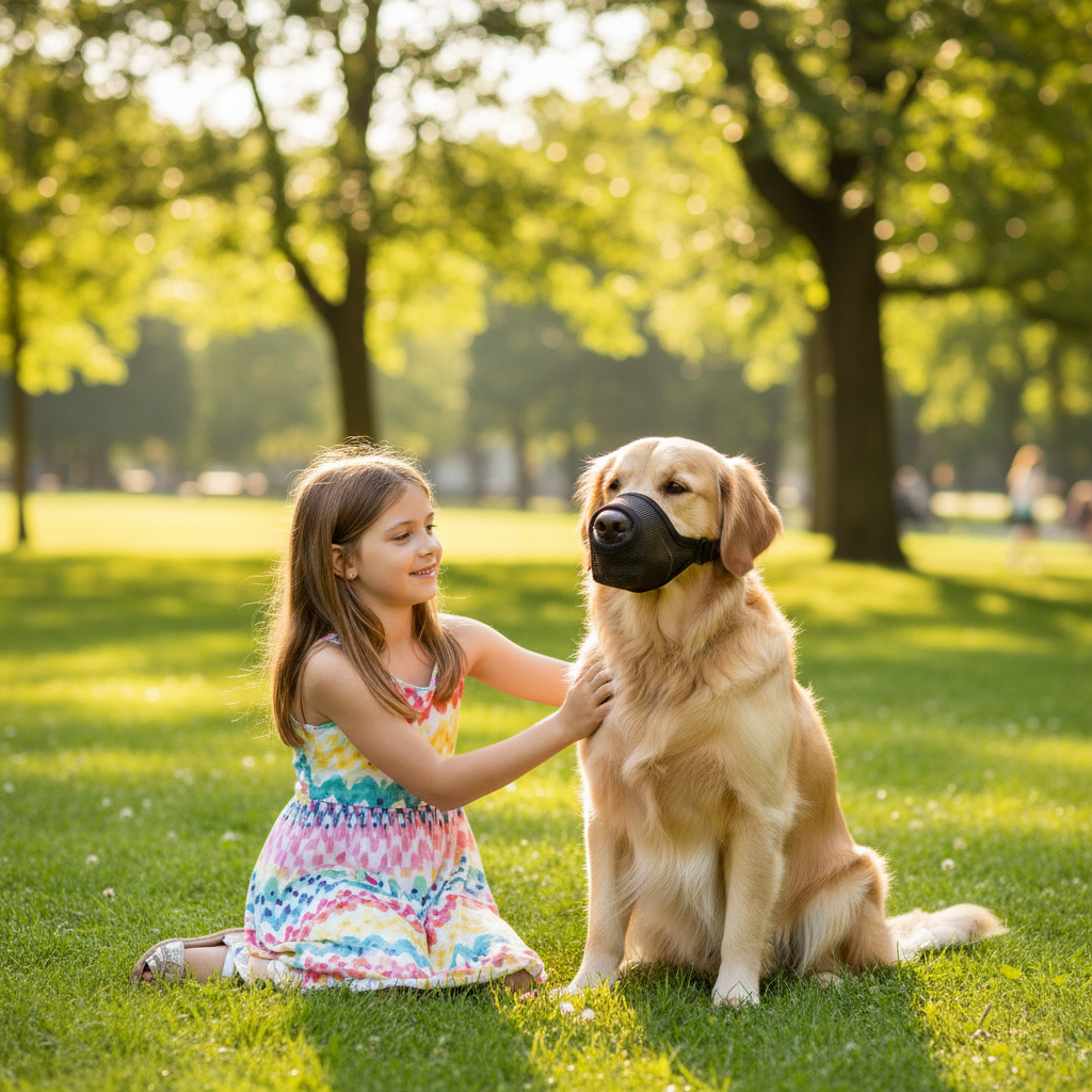 chienne-fillette-parc-avec-muselière-pour-chien-noire