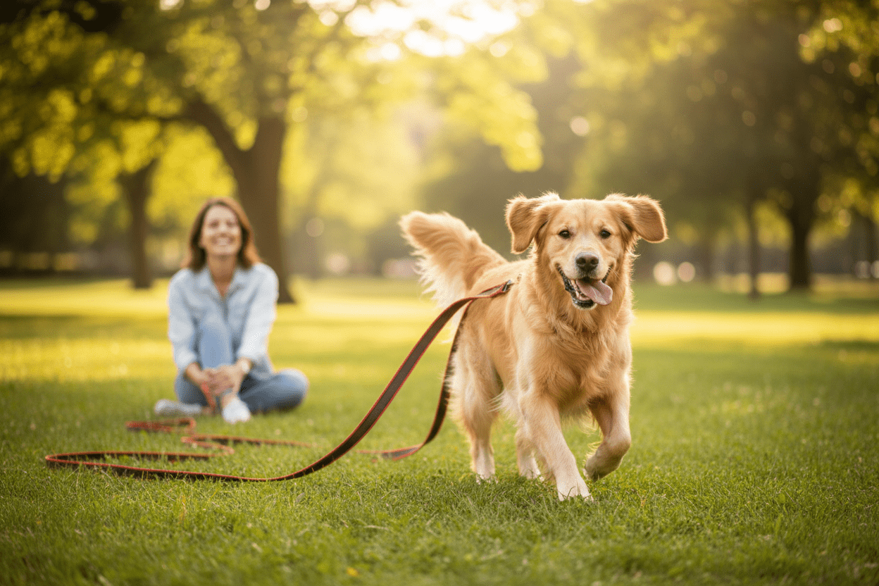 Chienne gambadant joyeusement avec longe chien