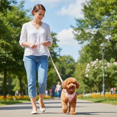 chienne heureux rue marchand avec harnais pour petit chien