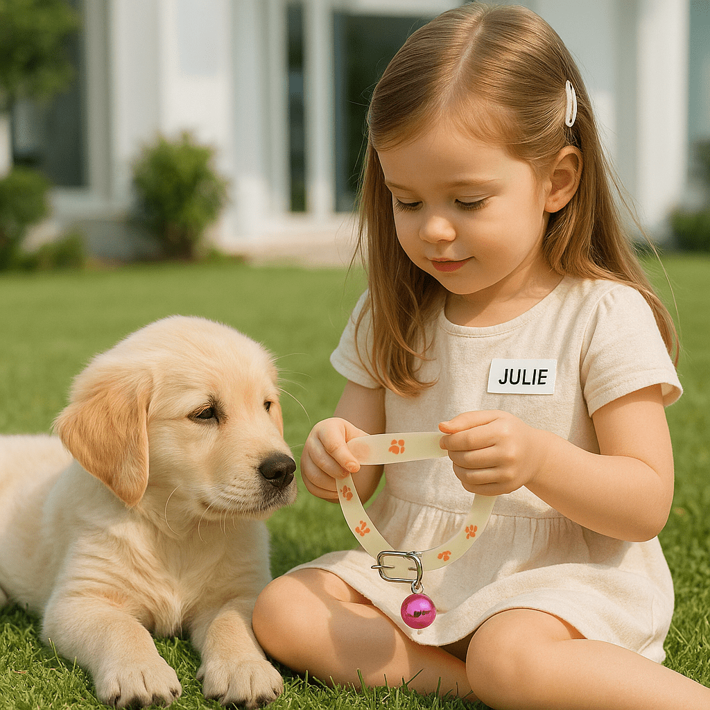 chienne jardin jouant avec collier lumineux