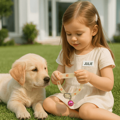chienne jardin jouant avec collier lumineux