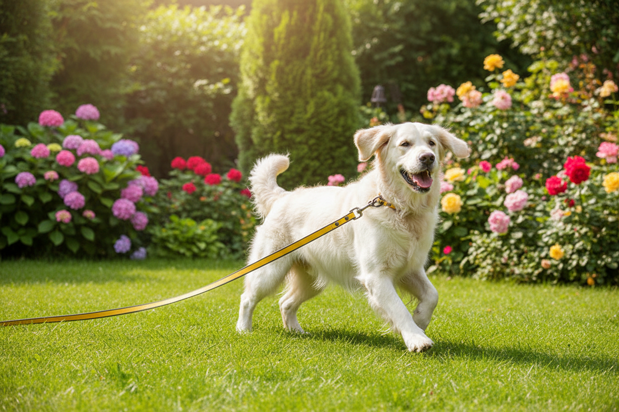 Chienne jouant jardin avec longe chien