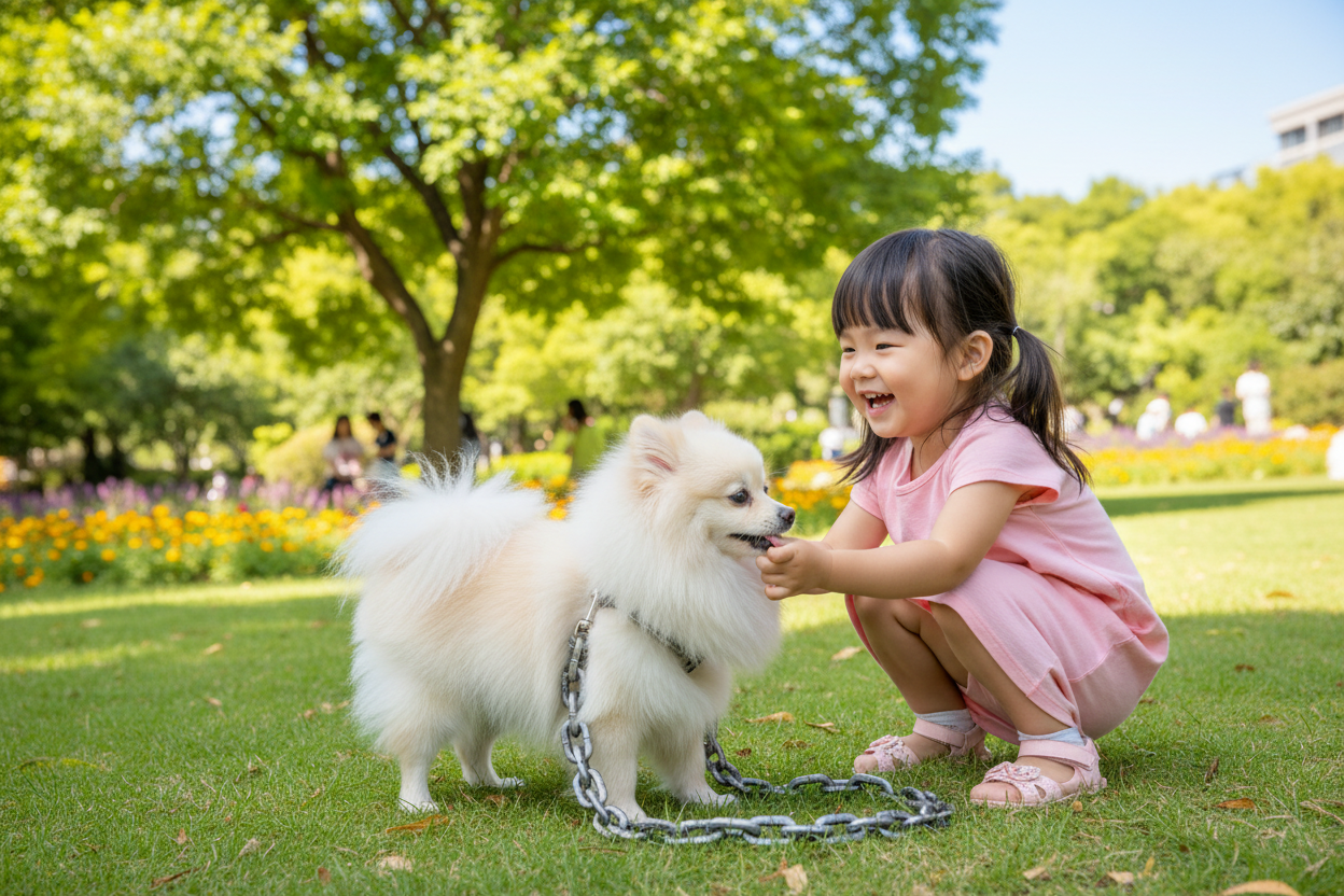 Chienne jouant sortie avec fillette  laisse chien chaîne
