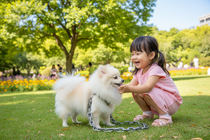 Chienne jouant sortie avec fillette  laisse chien chaîne