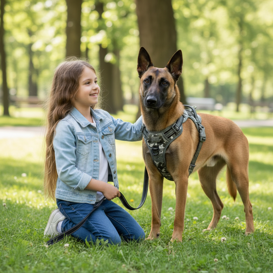 Chien Malinois avec harnais chien anti traction camouflage