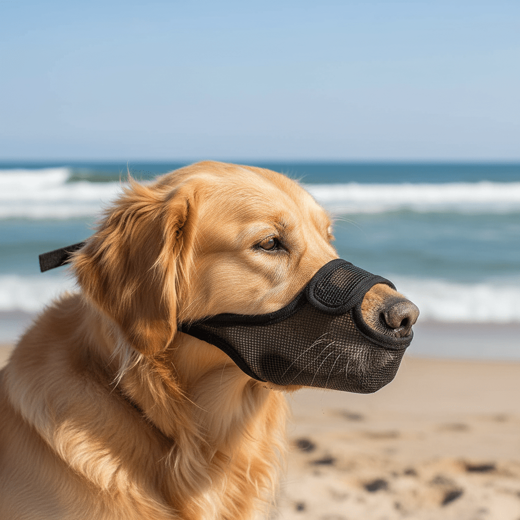 chienne-plage-avec-muselière-pour-chien-noire-visible