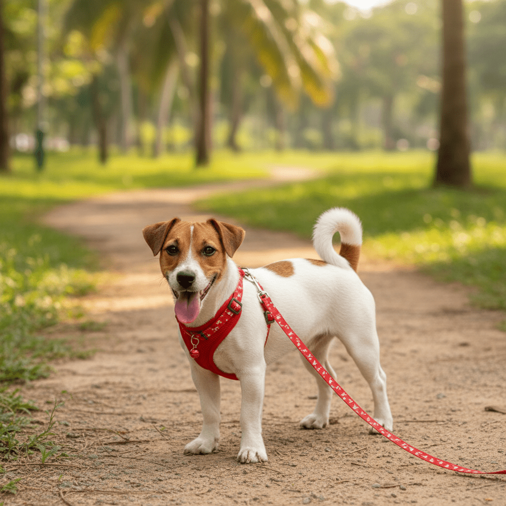 Chienne portant jolie laisse pour chien rouge