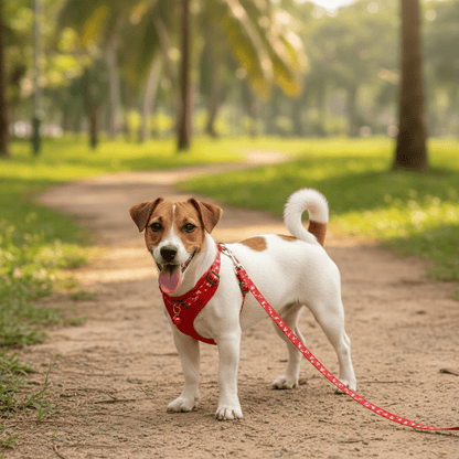 Chienne portant jolie laisse pour chien rouge