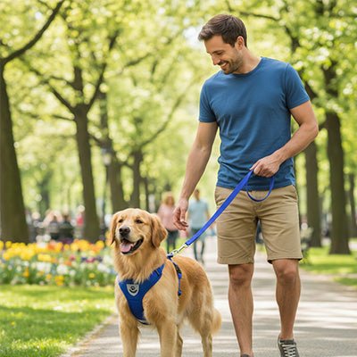 chiens marchand route ensoleillant harnais souriant
